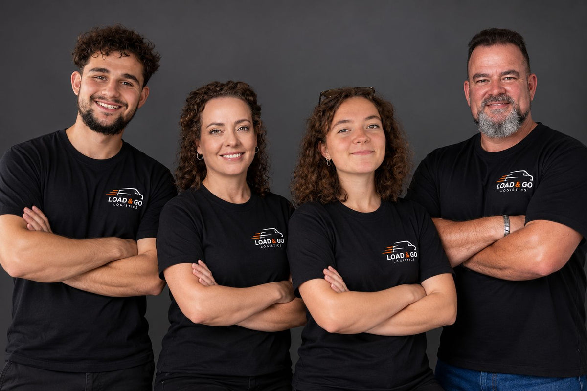 Four members of the Load & Go Logistics team in black T-shirts